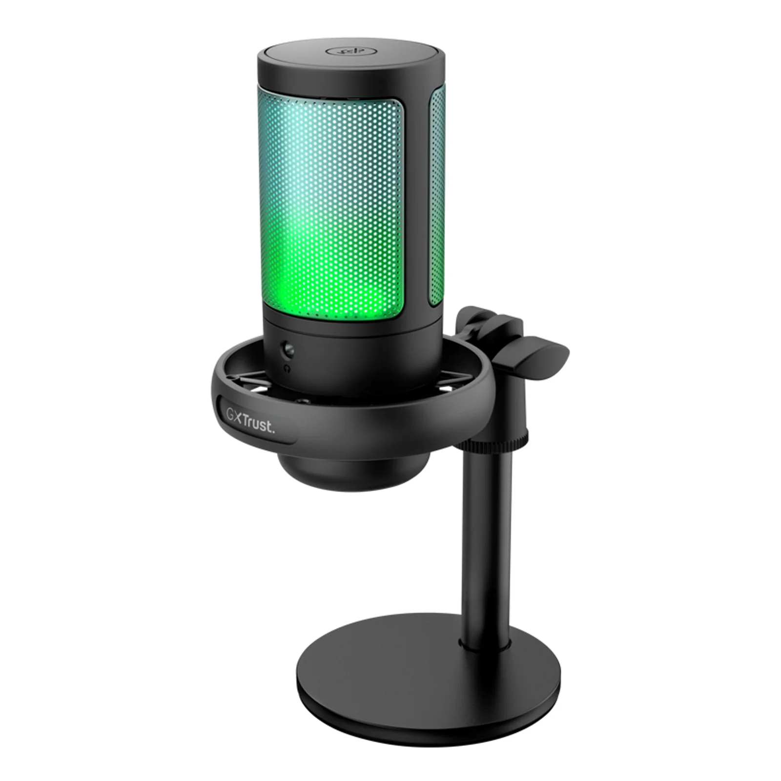Microphone Trust GXT 238 Auron de face, RGB vert, câble USB visible en bas, fond blanc