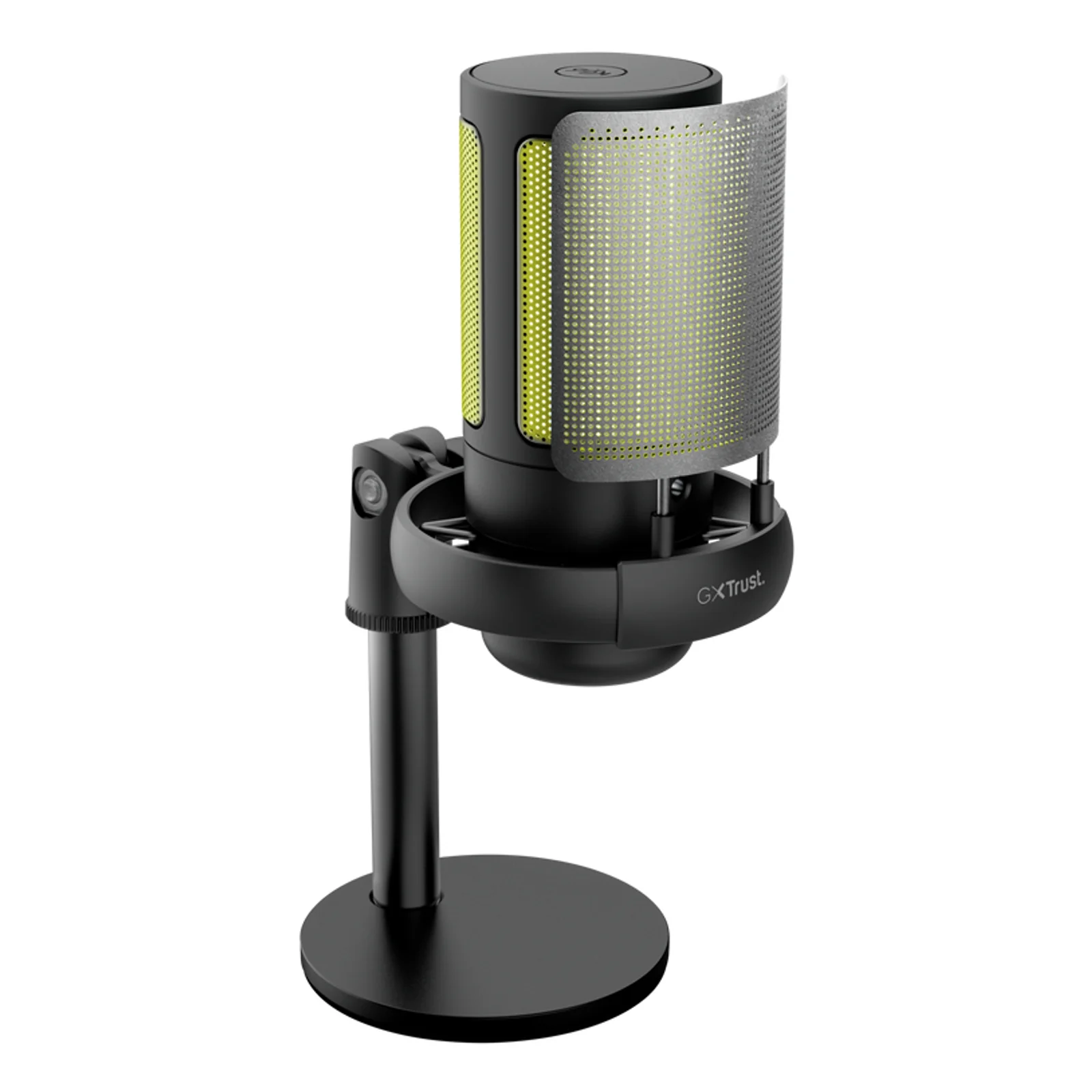 Microphone Trust GXT 238 Auron de face, éclairage jaune-vert, fond blanc