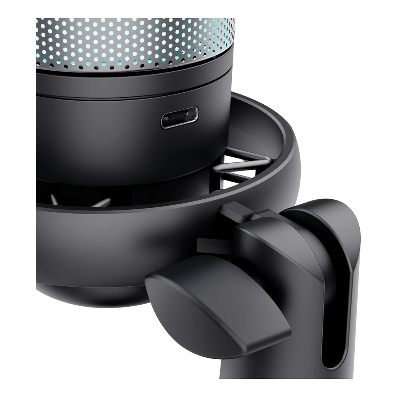 Dessous du microphone Trust GXT 238 Auron, port USB-C et bouton tactile visibles