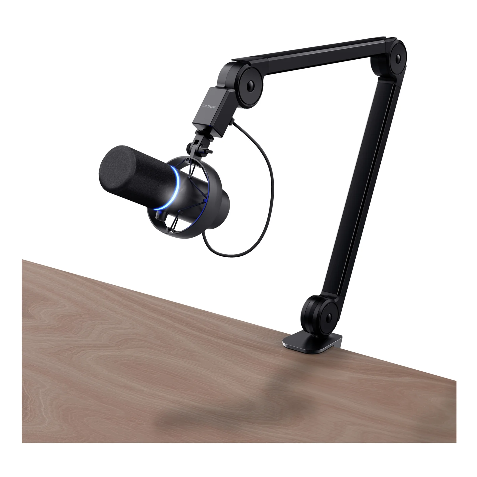 Trust GXT 255+ Onyx avec bras articulé fixé par pince sur bureau en bois, vue de profil