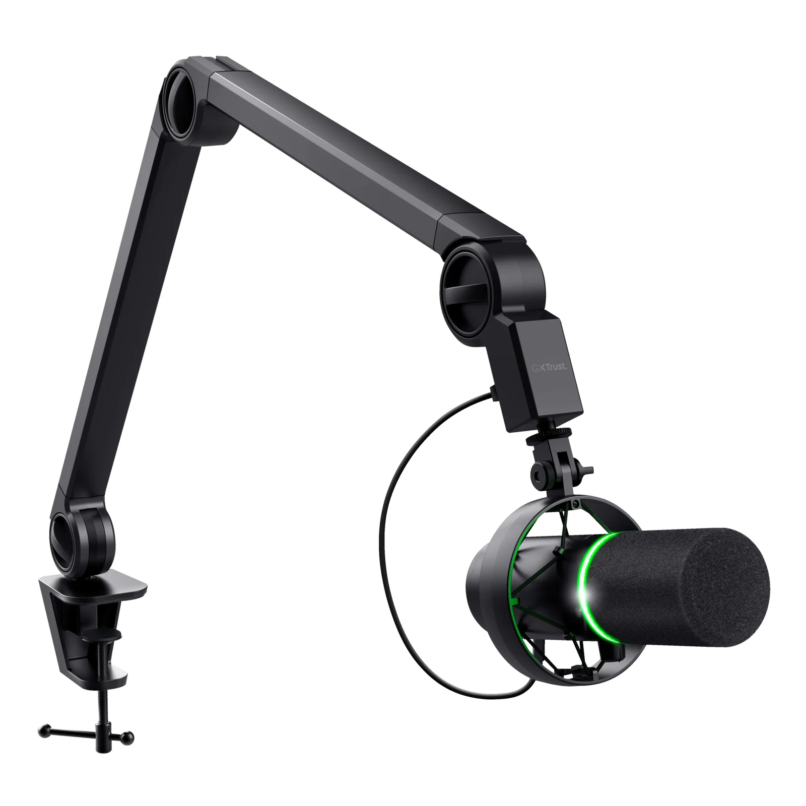 Trust GXT 255+ Onyx sur bras articulé, fond sombre, rétroéclairage LED vert, vue ensemble