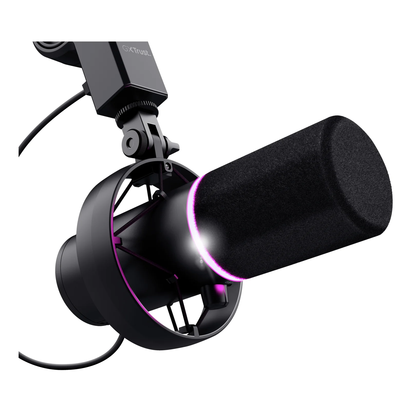 Gros plan micro Trust GXT 255+ Onyx, anneau LED violet allumé, vue trois quarts avant
