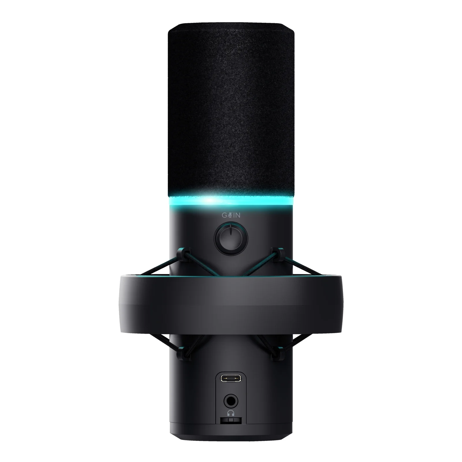 Micro Trust GXT 255+ Onyx vu de dessus arrière, anneau LED cyan, connecteurs USB en dessous