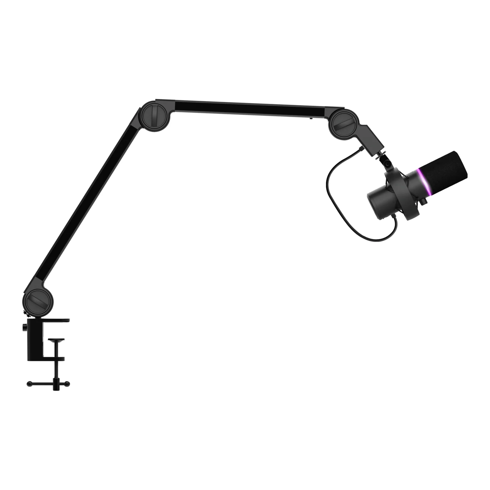 Trust GXT 255+ Onyx sur bras articulé déployé, fond clair, vue de face
