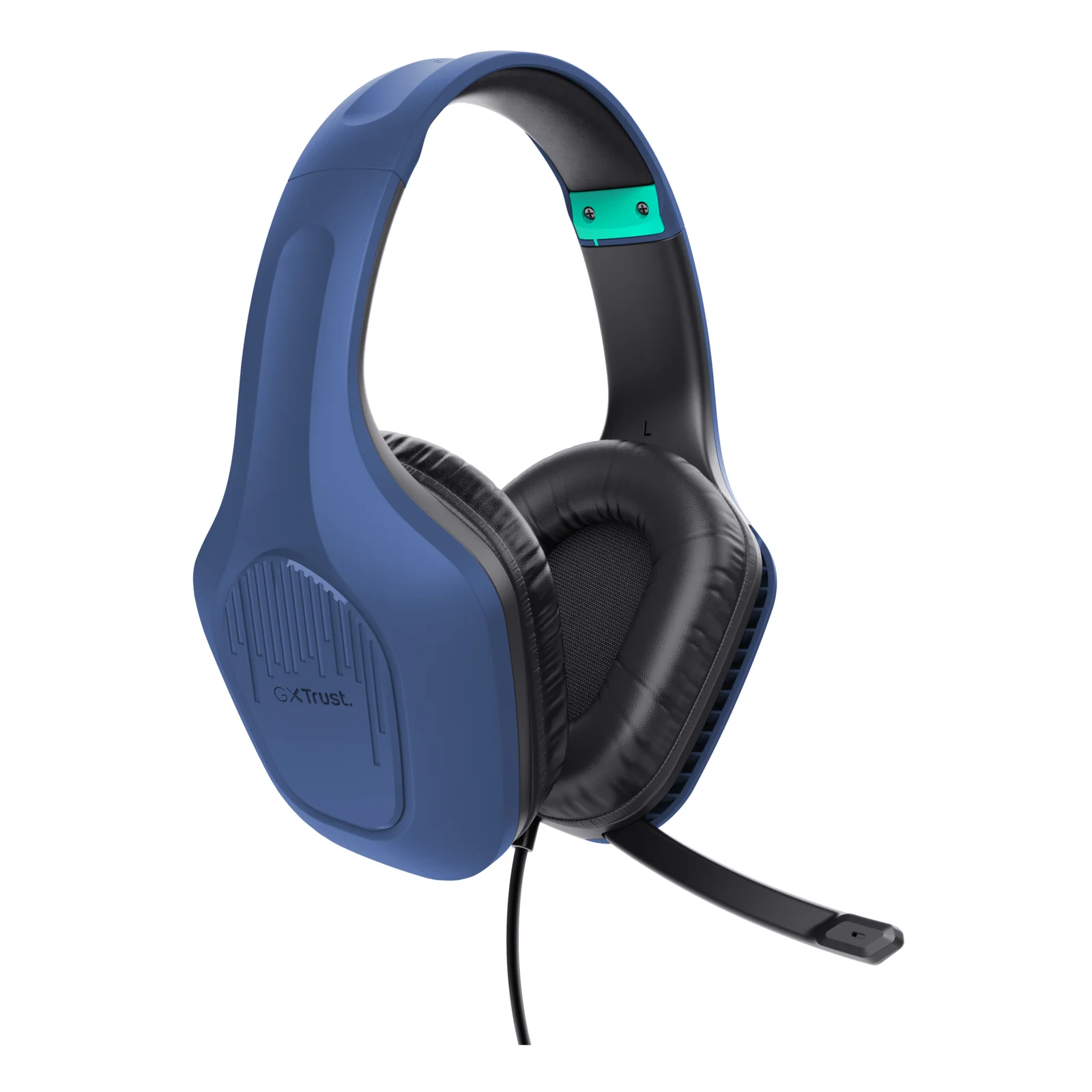 Casque Trust GXT 415B Zirox bleu, vue de face, oreillettes noires et détail turquoise sur l'arceau