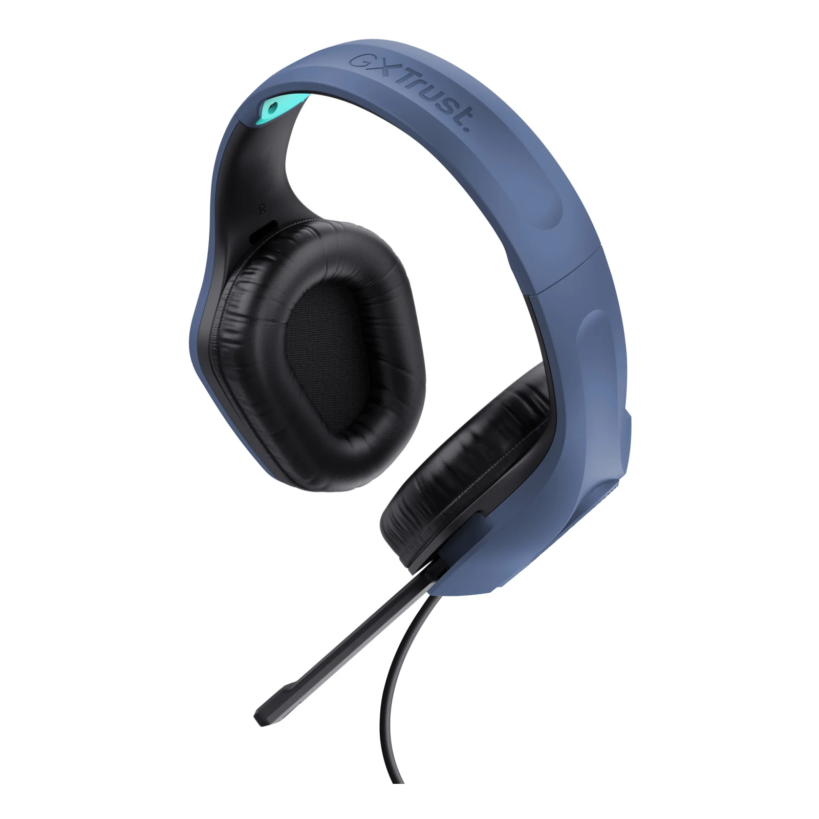 Casque Trust GXT 415B Zirox bleu, vue trois-quarts arrière gauche, microphone boom replié