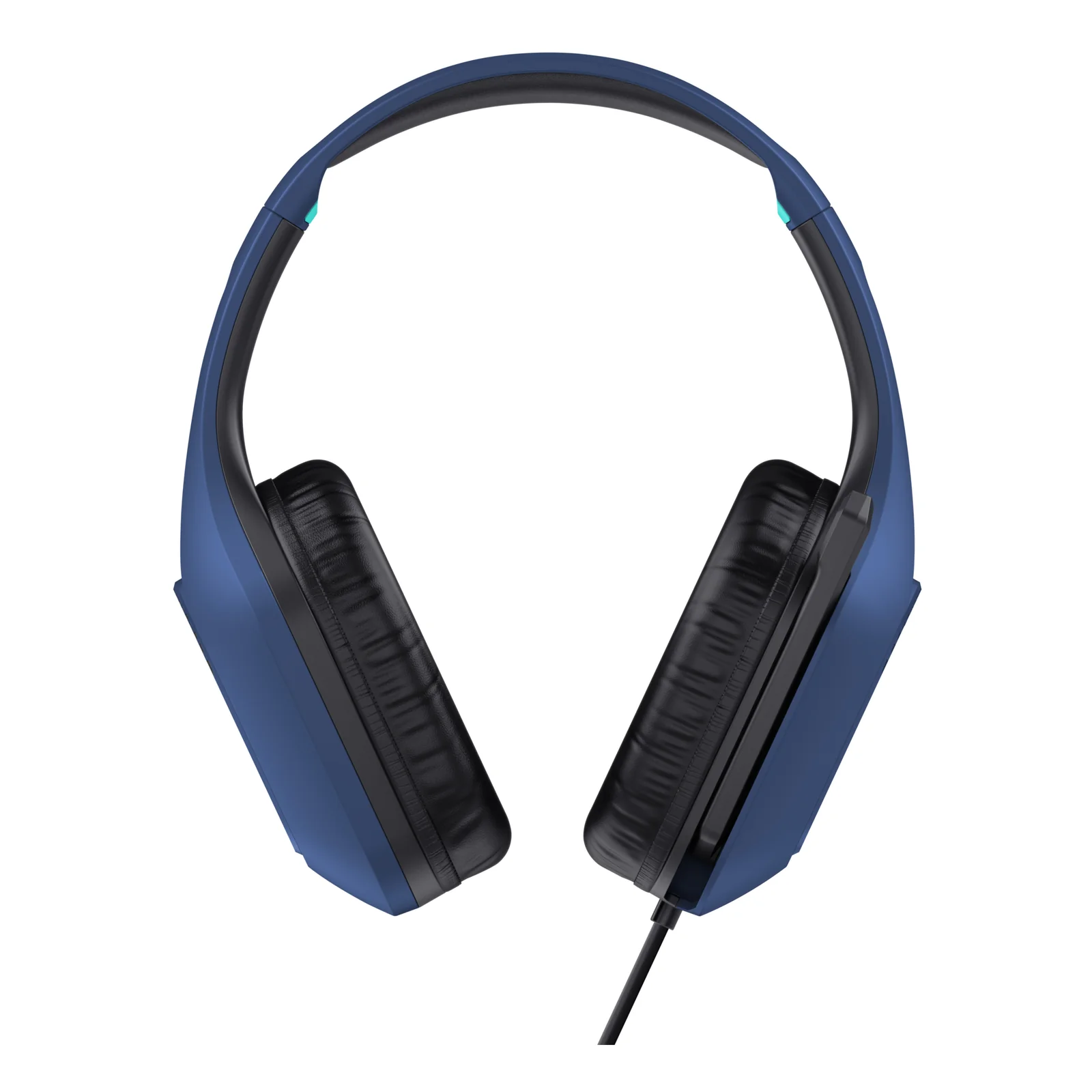 Casque Trust GXT 415B Zirox bleu posé à plat, vue de face, coussinets noirs bien visibles