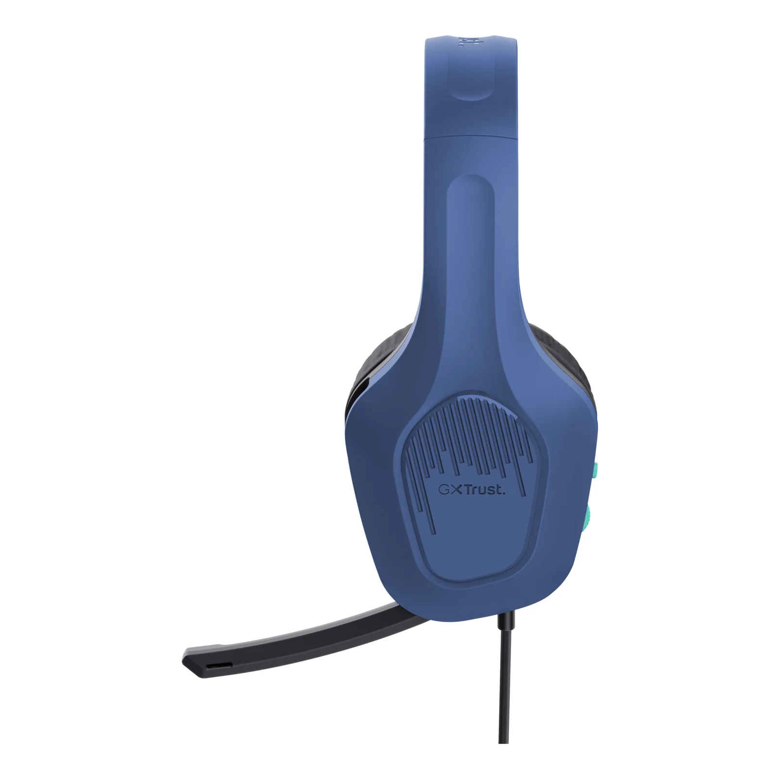 Casque Trust GXT 415B Zirox bleu, vue de profil gauche, microphone boom noir déployé vers le bas