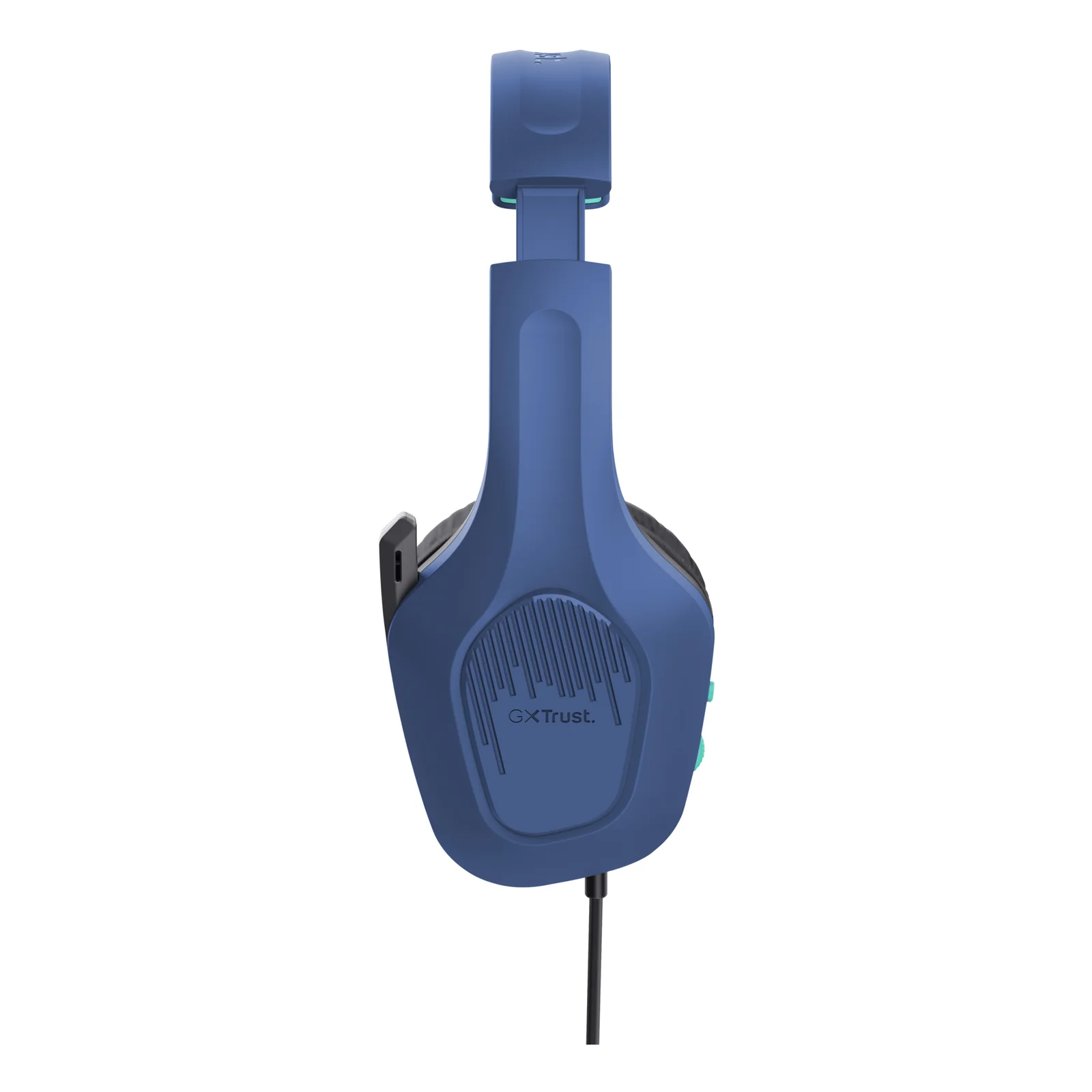 Casque Trust GXT 415B Zirox bleu, vue de profil gauche, câble noir sortant du bas de l'oreillette