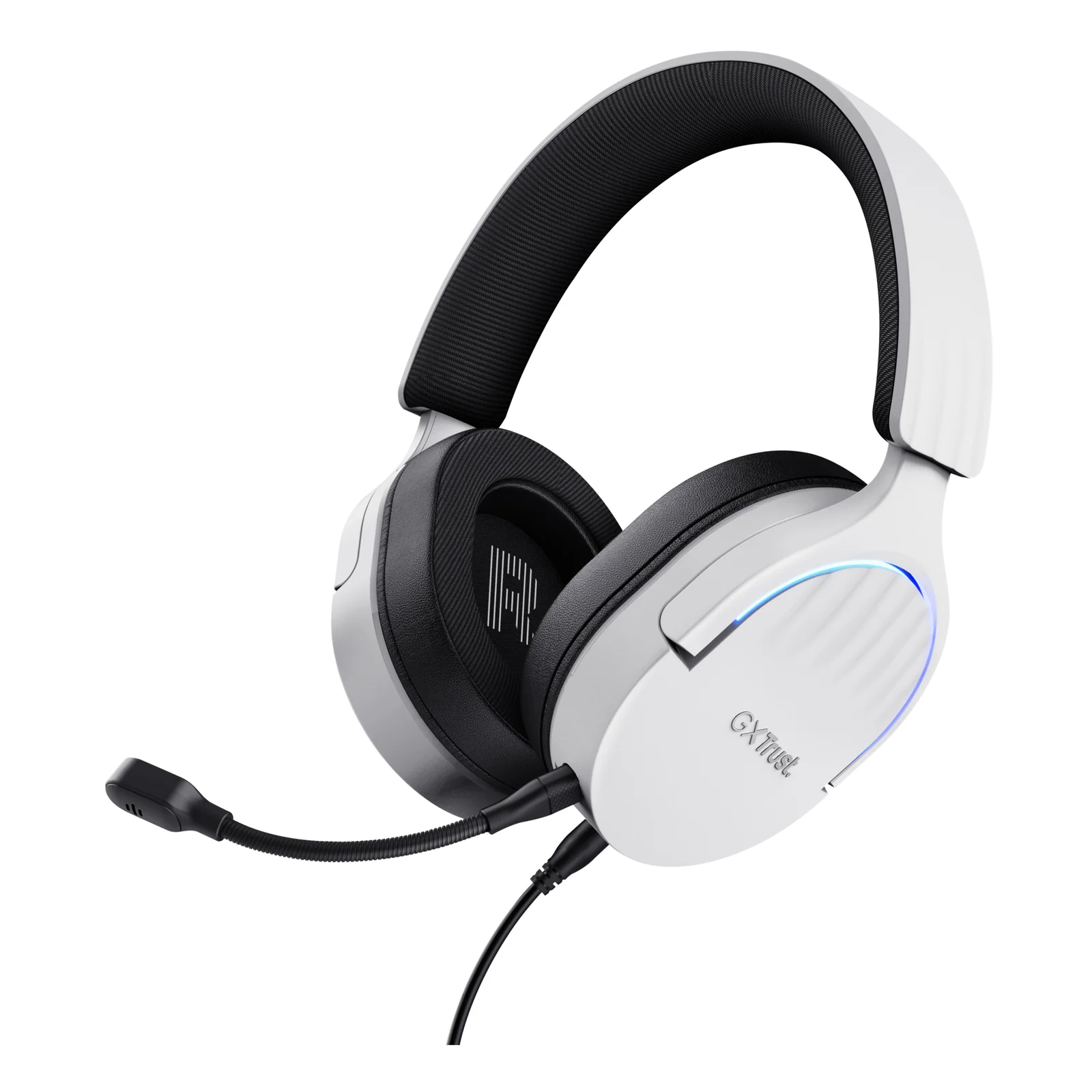 Trust GXT 490 Fayzo blanc, vue trois-quarts avant avec microphone boom déployé