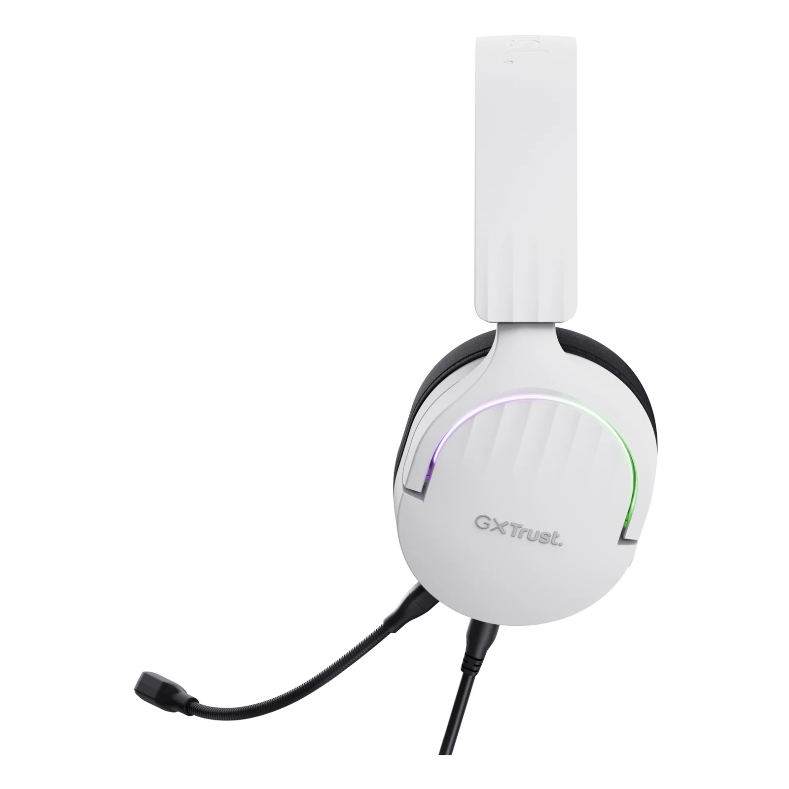 Trust GXT 490 Fayzo blanc, vue latérale avec éclairage RGB et bras de microphone
