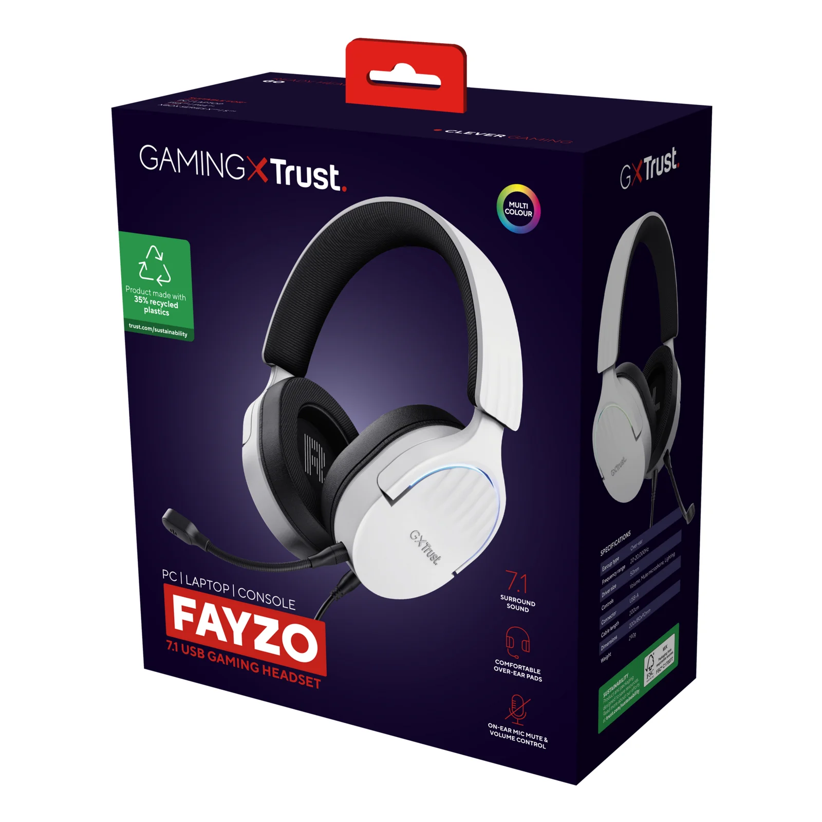 Boîte Trust GXT 490 Fayzo avec logo Gaming x Trust et pictogrammes de durabilité