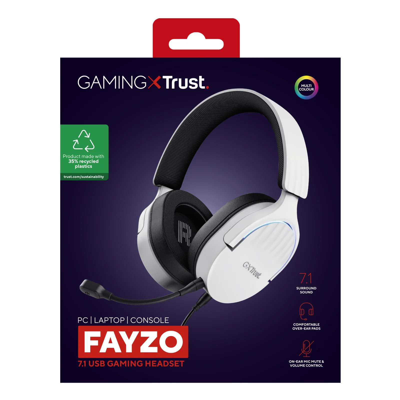 Packaging Trust GXT 490 Fayzo, face avant affichant les compatibilités PC, laptop et console