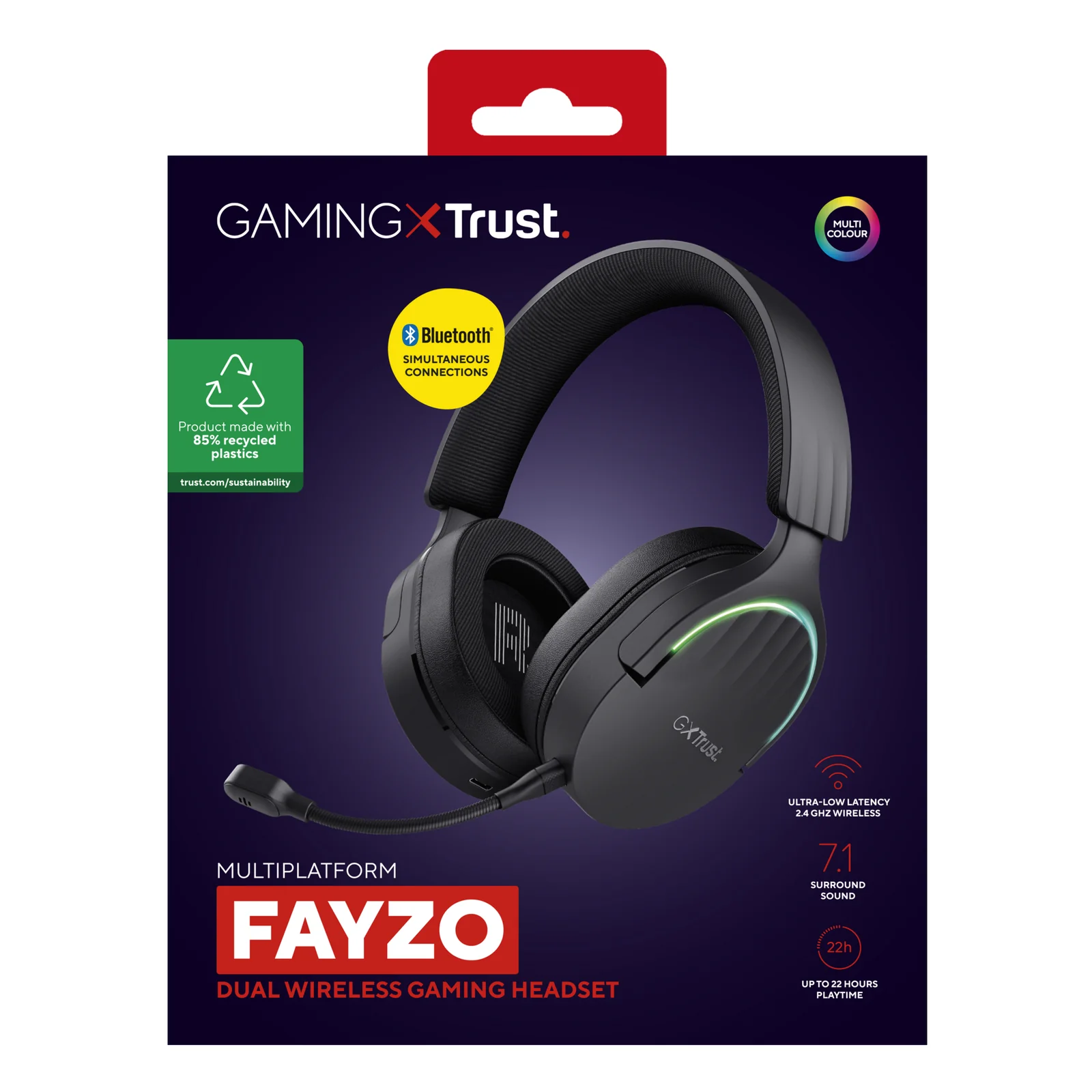 Boîte du Trust GXT 491 Fayzo, face avant avec logo Gaming Trust et icônes Bluetooth et sans fil