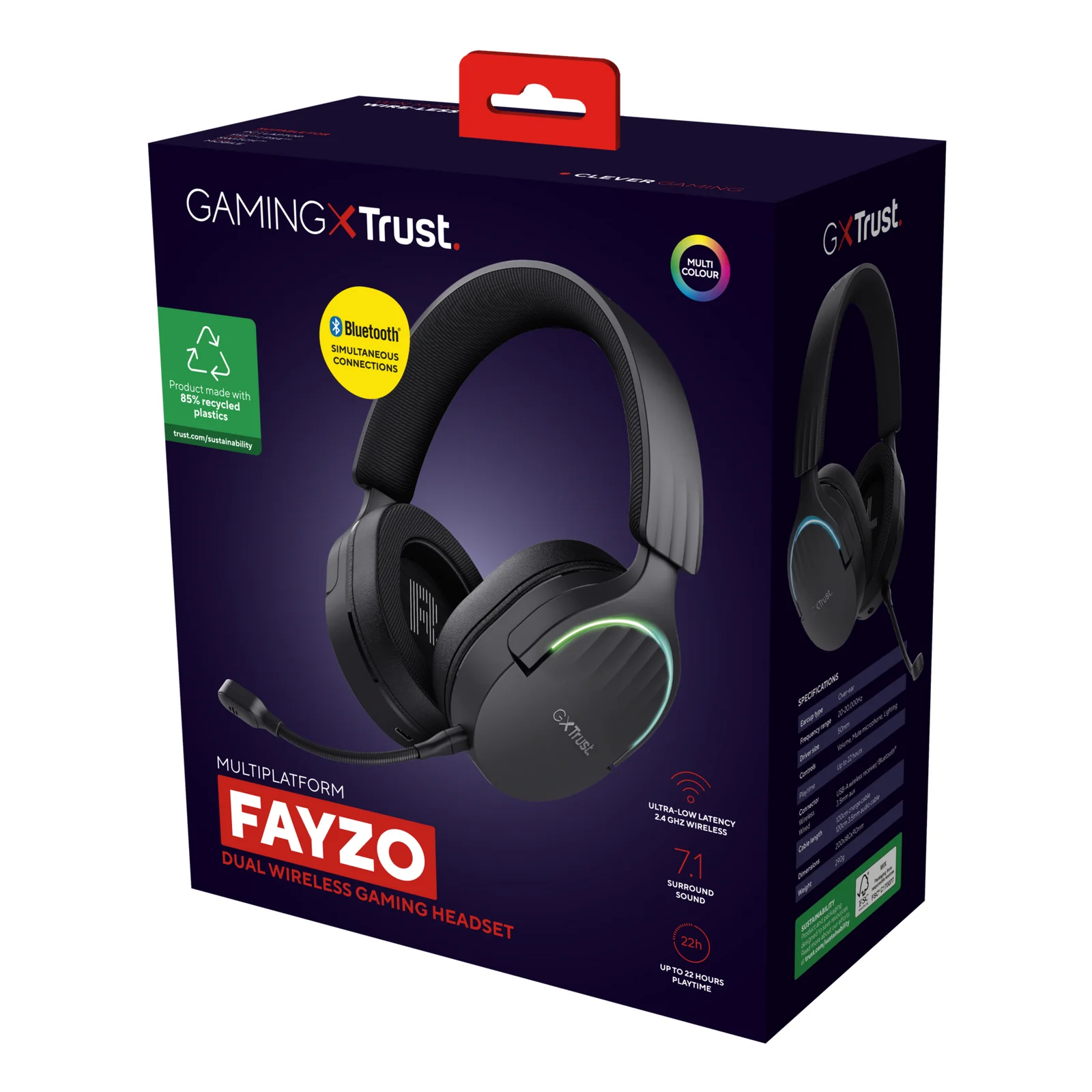 Packaging du Trust GXT 491 Fayzo vue de face, logo recyclé et icônes de connectivité visibles