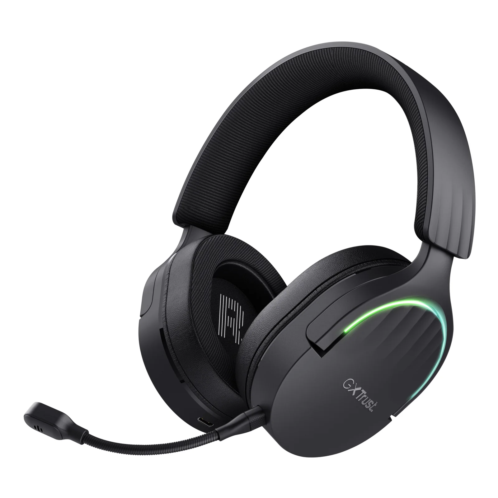 Casque gaming noir, vue trois quarts avant, logo R illuminé en vert sur l'oreillette droite