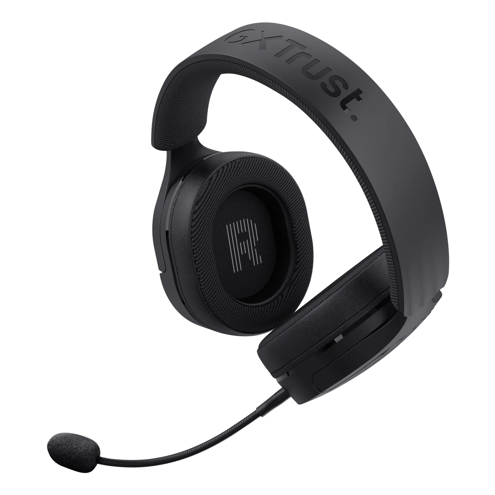 Casque gaming Trust noir, arceau avec marquage Trust, microphone boom déployé vers le bas