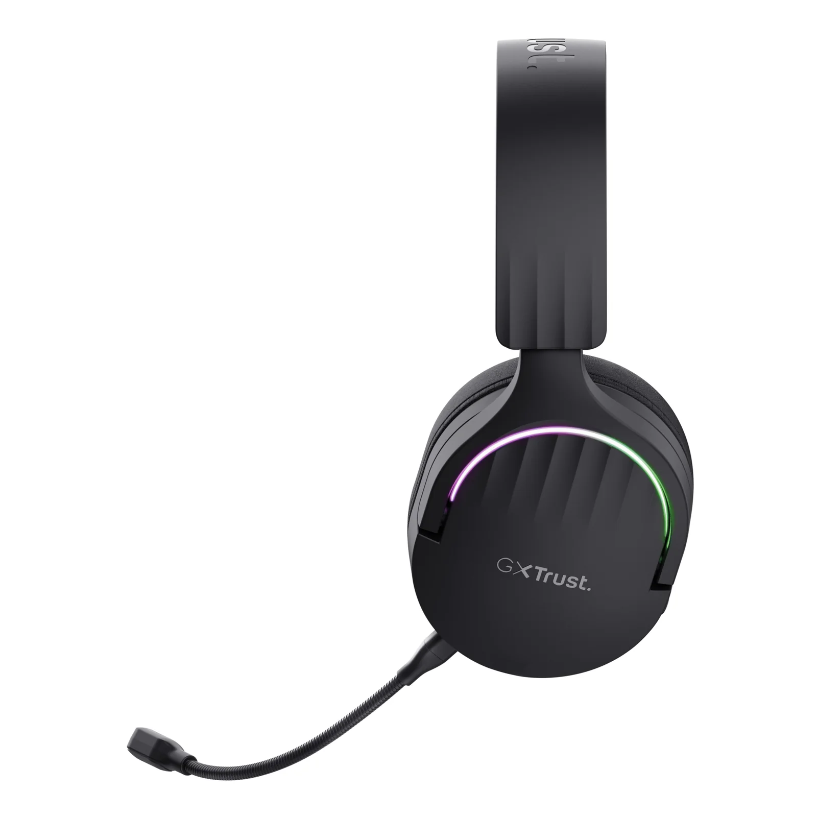 Vue latérale droite du Trust GXT 491 Fayzo, microphone boom visible, éclairage RGB