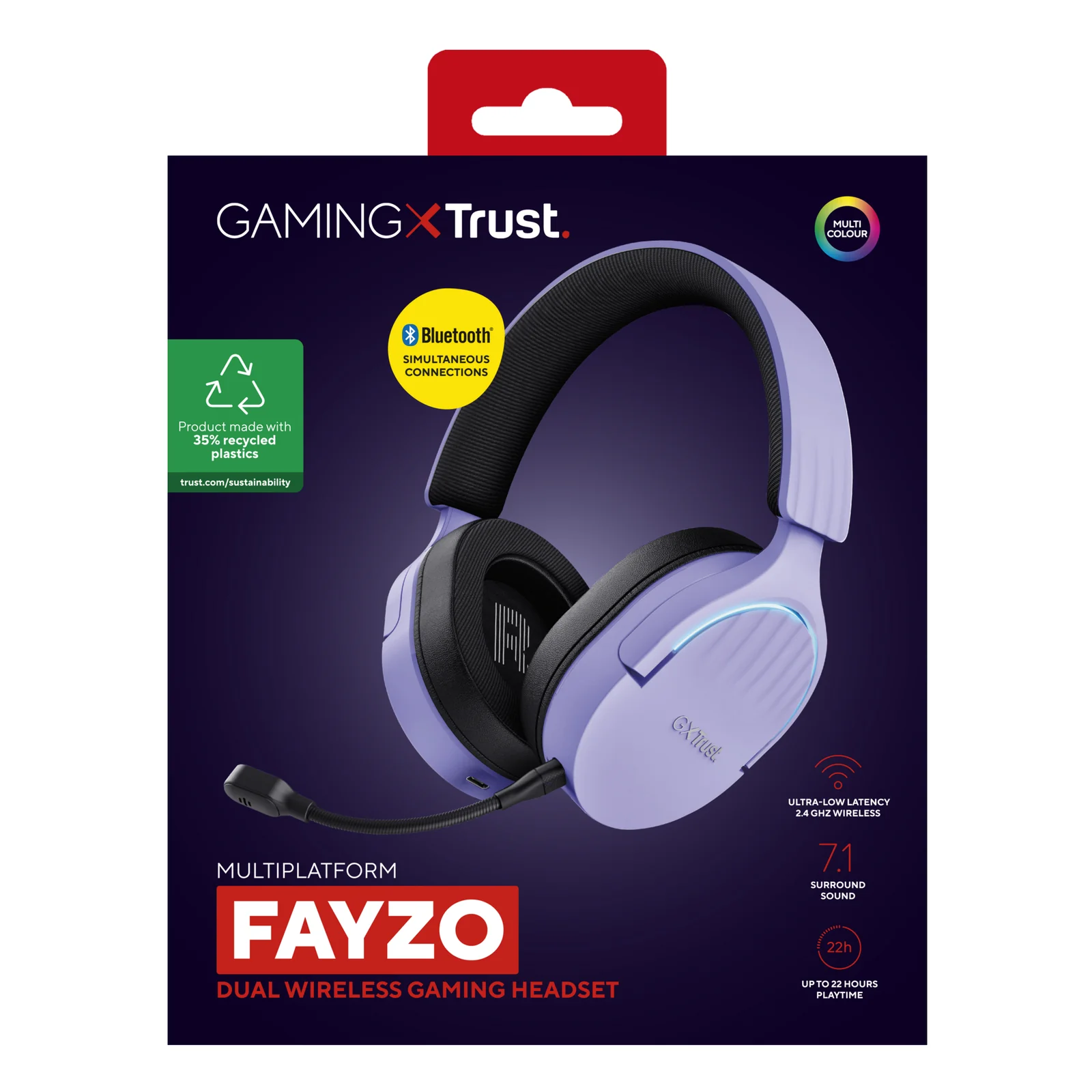 Boîte de vente Trust GXT 491P FAYZO face avant, coloris violet, logo FAYZO visible