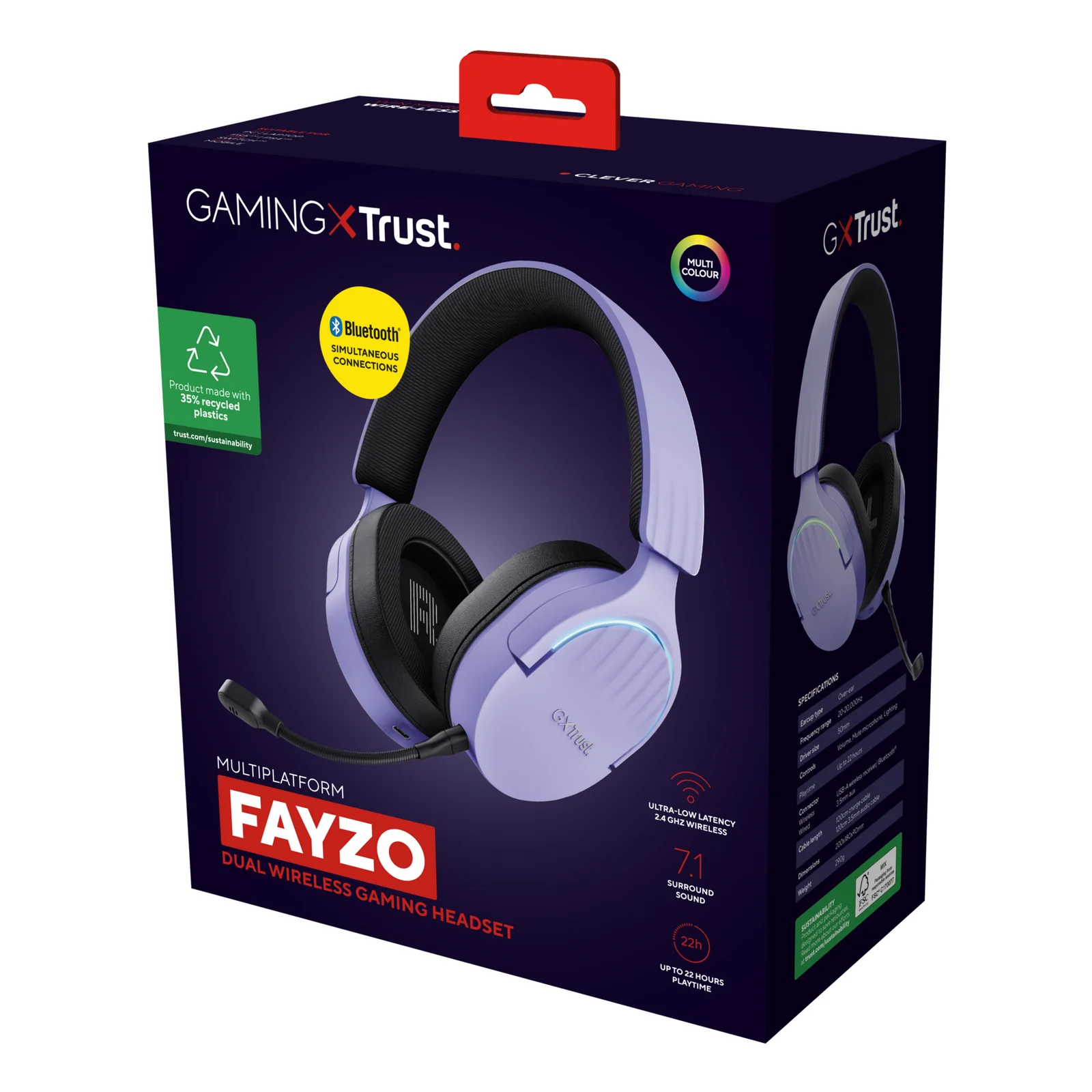 Boîte de vente Trust GXT 491P FAYZO face arrière, liste des fonctionnalités et icônes plateformes