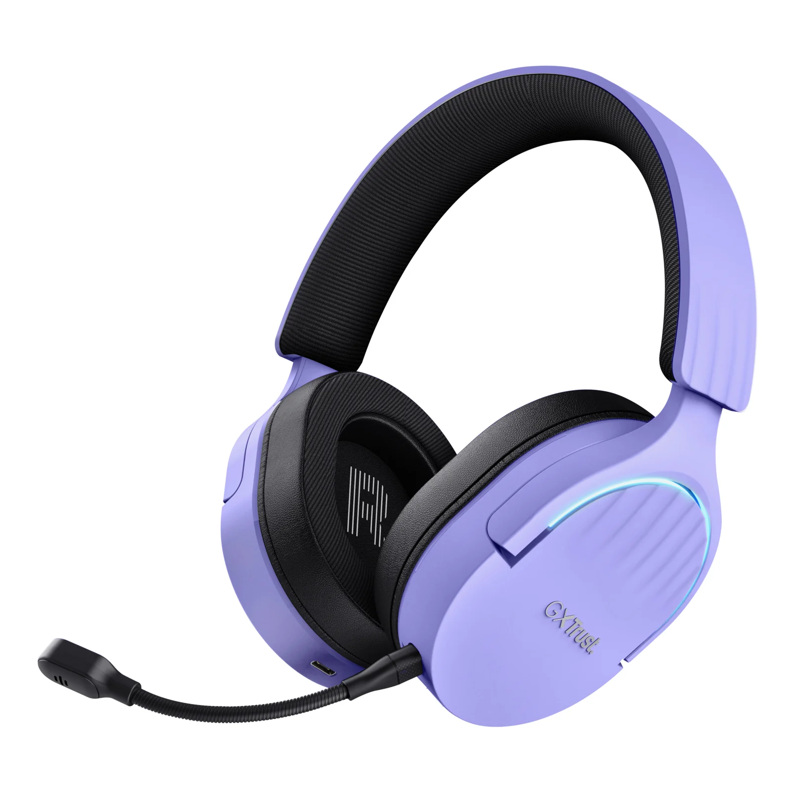 Casque Trust GXT 491P FAYZO violet, vue 3/4 avant, rétroéclairage RGB actif sur l'oreillette