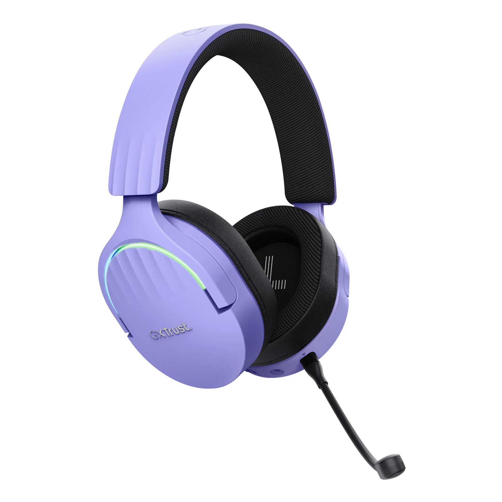 Casque Trust GXT 491P FAYZO violet, vue de face, microphone boom déployé vers le bas