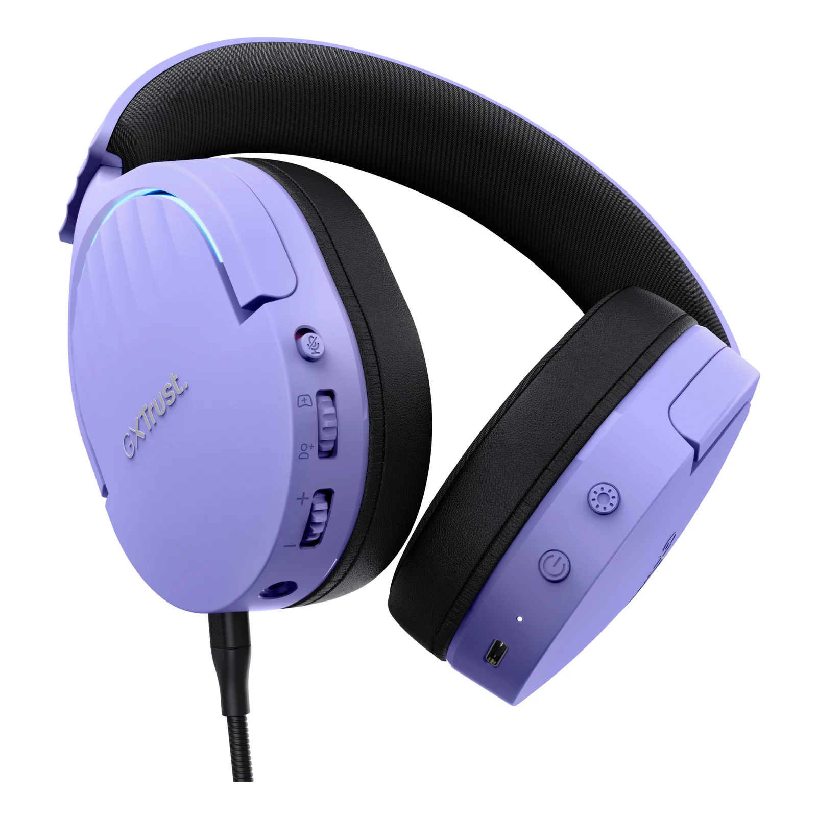 Casque Trust GXT 491P FAYZO violet, vue dessus oreillette gauche, boutons de commande et curseur rotatif