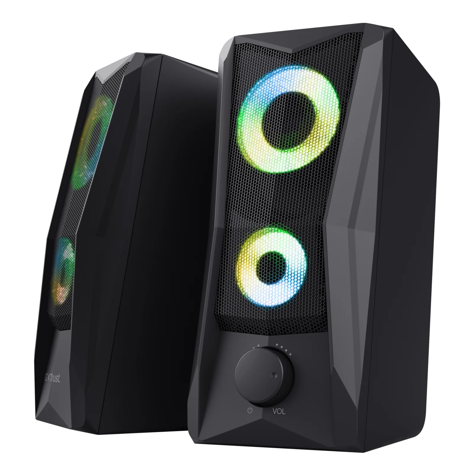Enceintes Trust GXT 606 JAVV, boîtiers noirs géométriques et LED RGB, face avant