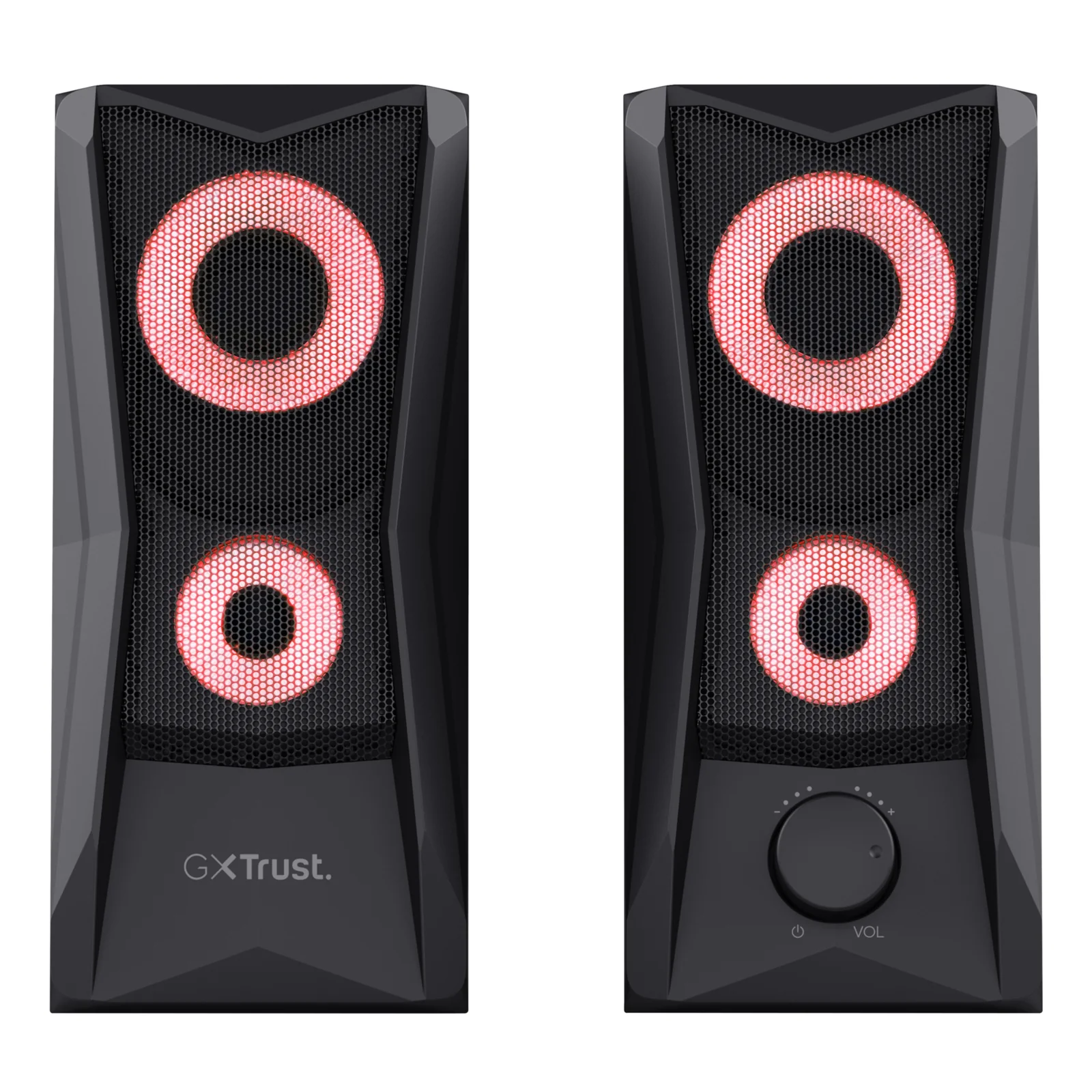 Paire d'enceintes Trust GXT 606 JAVV avec éclairage rose sur les haut-parleurs, fond blanc