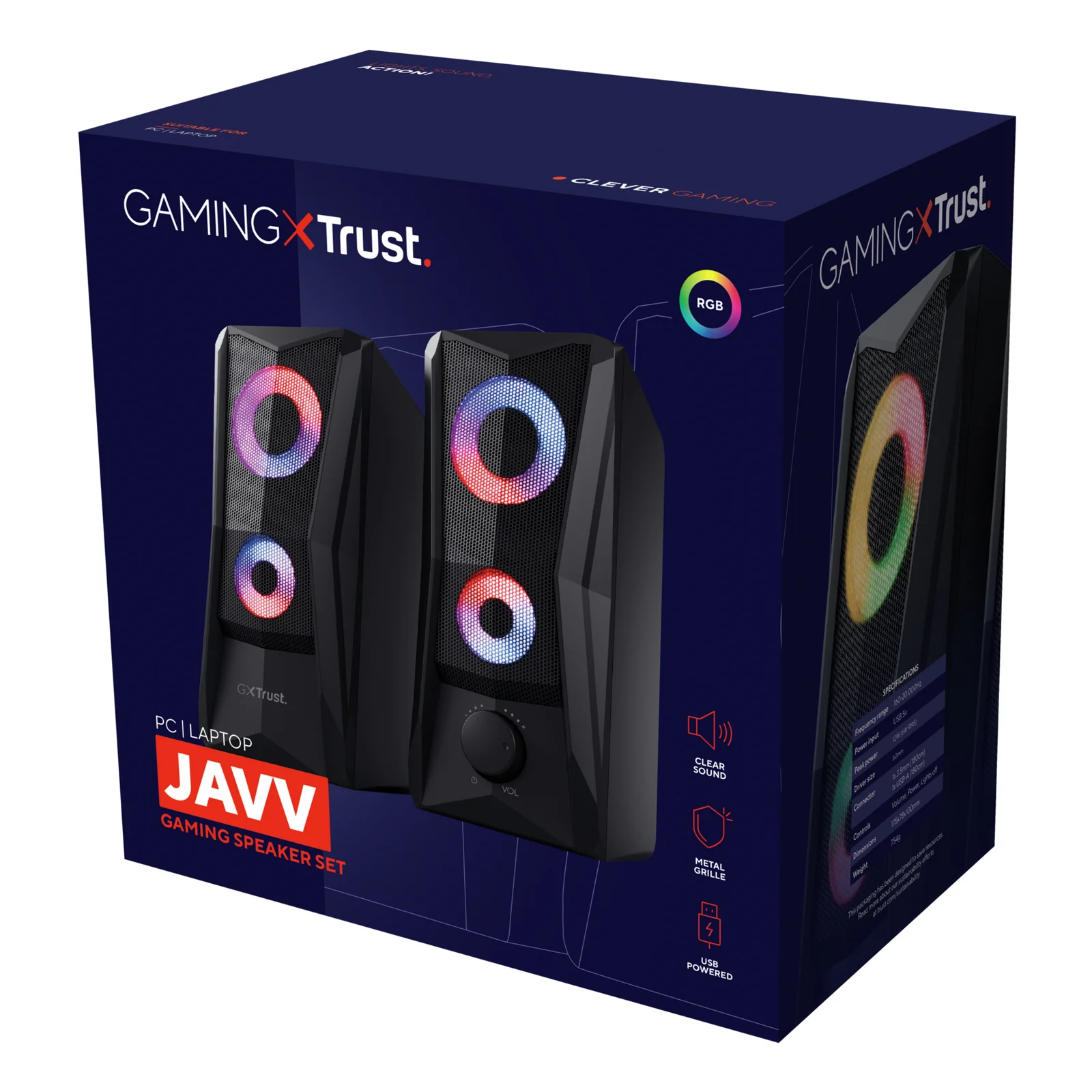 Boîte de packaging Trust GXT 606 JAVV Gaming, fond noir, logo Gaming Trust visible