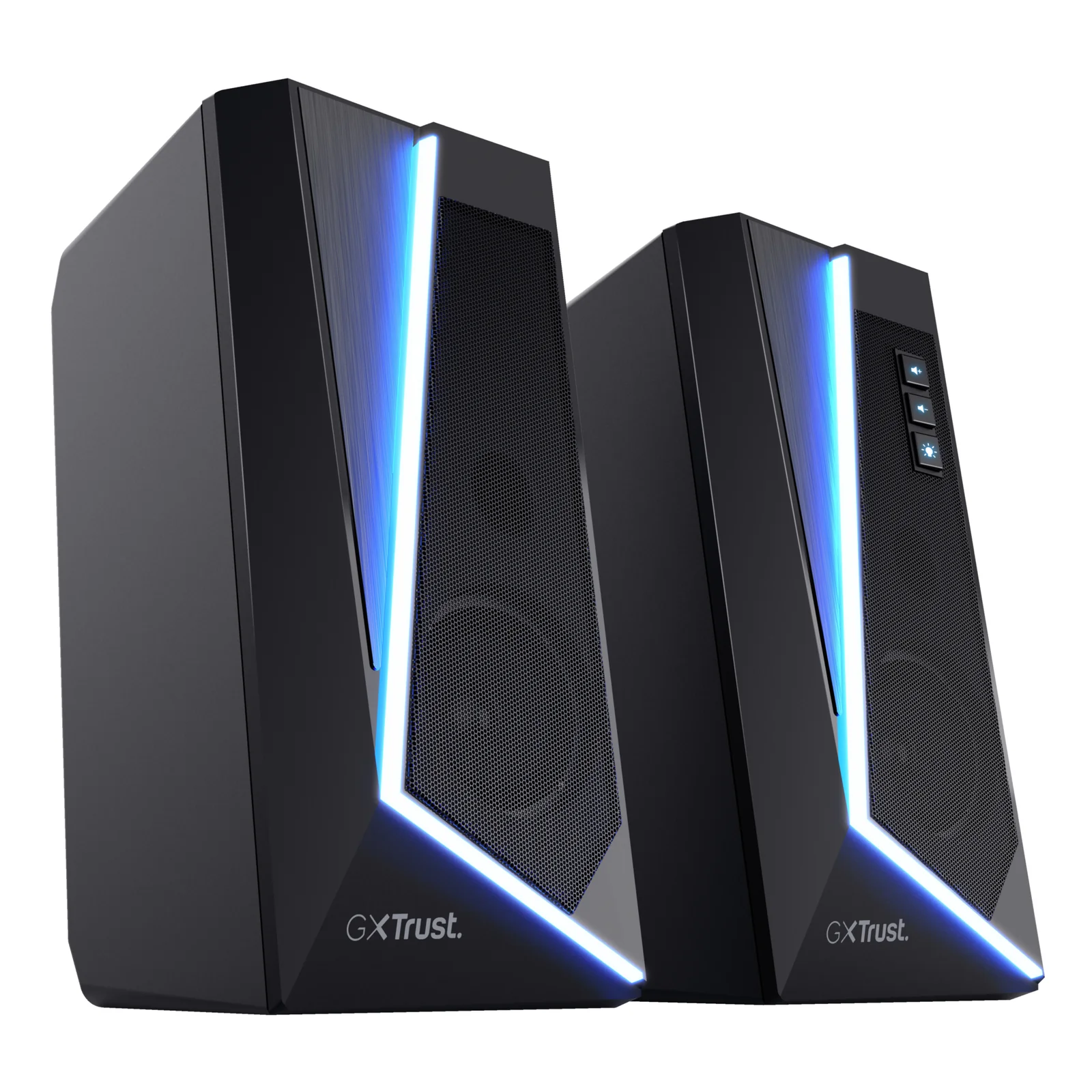 Enceintes Trust GXT 609 Zoxa, éclairage RGB bleu, vue de face, grille haut-parleur et bandes LED latérales