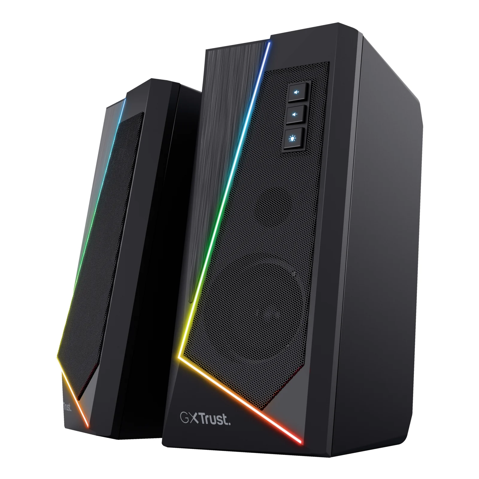 Enceintes Trust GXT 609 Zoxa vues de trois quarts, RGB multicolore, commandes sur le dessus de l'enceinte droite