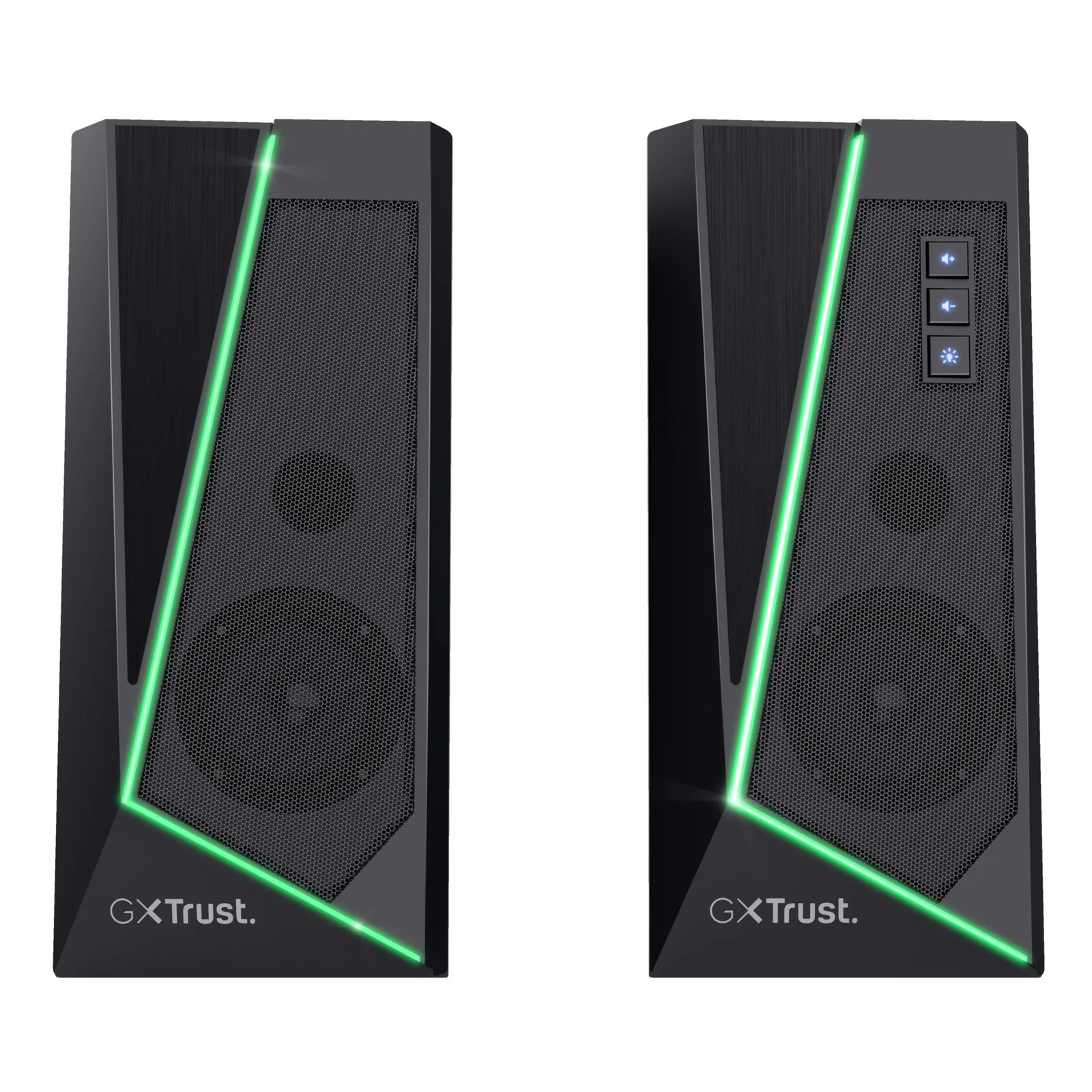 Paire d'enceintes Trust GXT 609 Zoxa, éclairage RGB vert, vue de face sur fond blanc