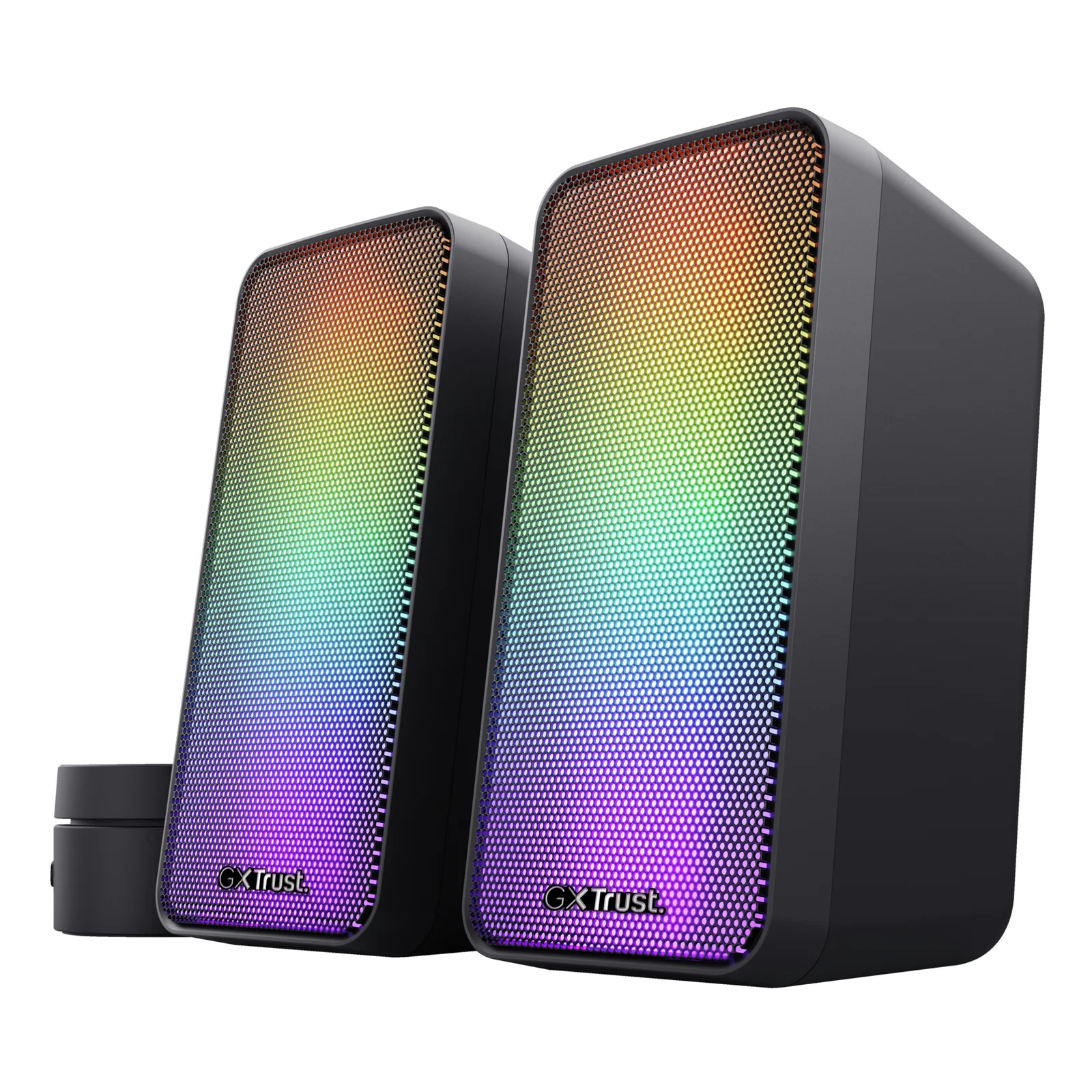 Trust GXT 611 Wezz, vue de face légèrement décalée, éclairage RGB multicolore sur les deux satellites