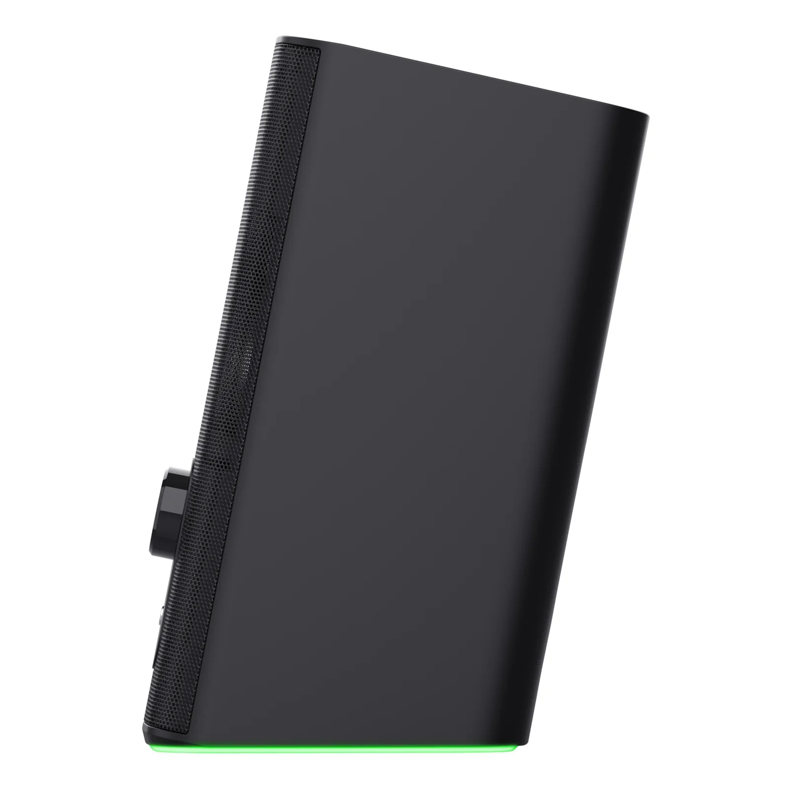 Vue latérale d'une enceinte Trust GXT 612 CETIC noire, liseré vert visible en bas, fond blanc