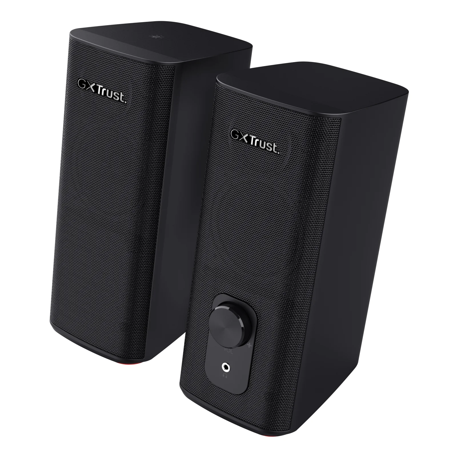 Vue frontale des deux enceintes sans éclairage RGB, bouton rotatif de volume visible sur l'enceinte droite