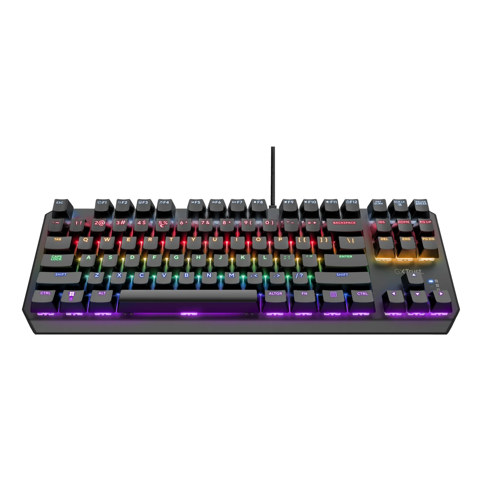 Trust GXT 834 Callaz, vue de face, format TKL 87 touches, rétroéclairage RGB, noir