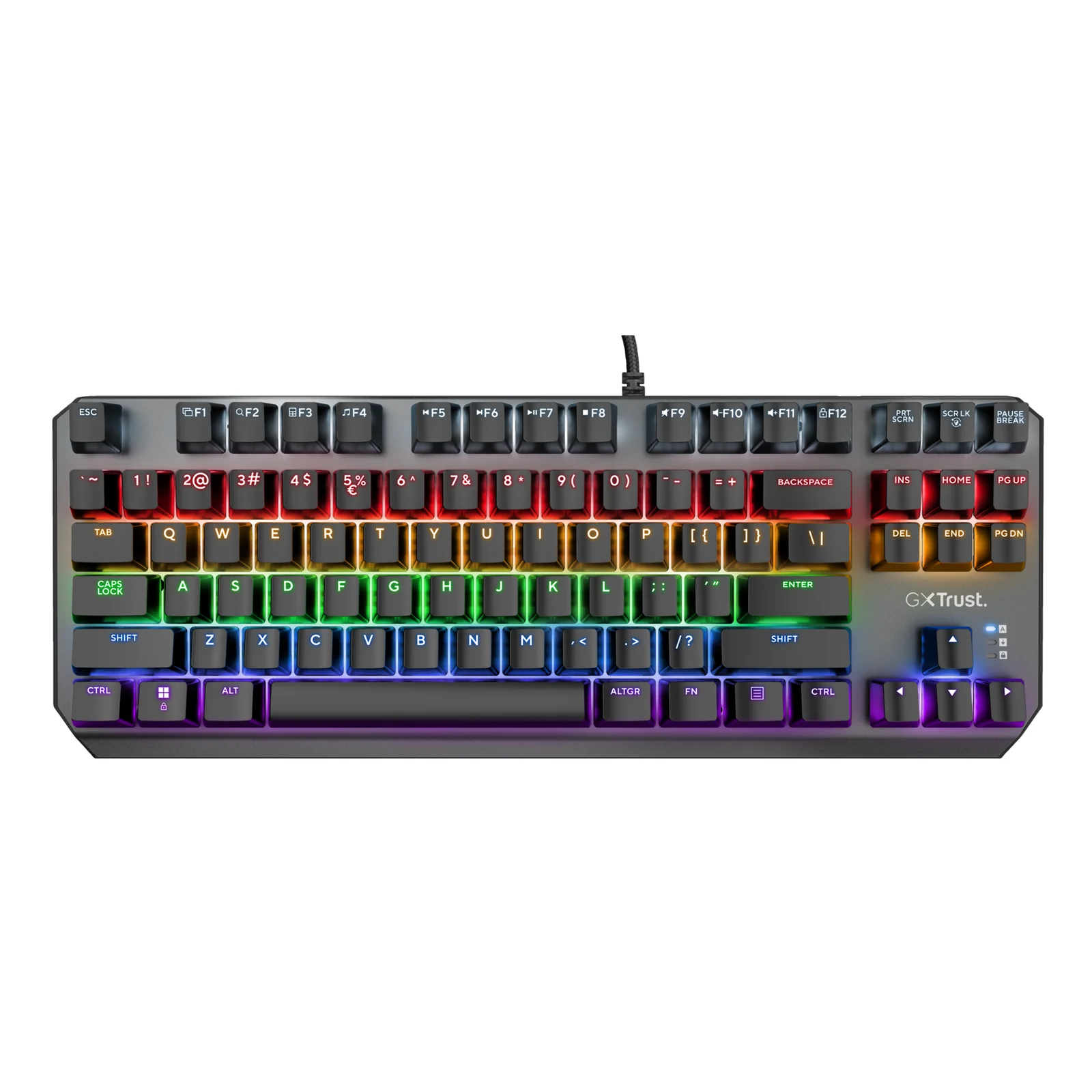 Trust GXT 834 Callaz, vue 3/4 droite, touches AZERTY, éclairage RGB, châssis noir