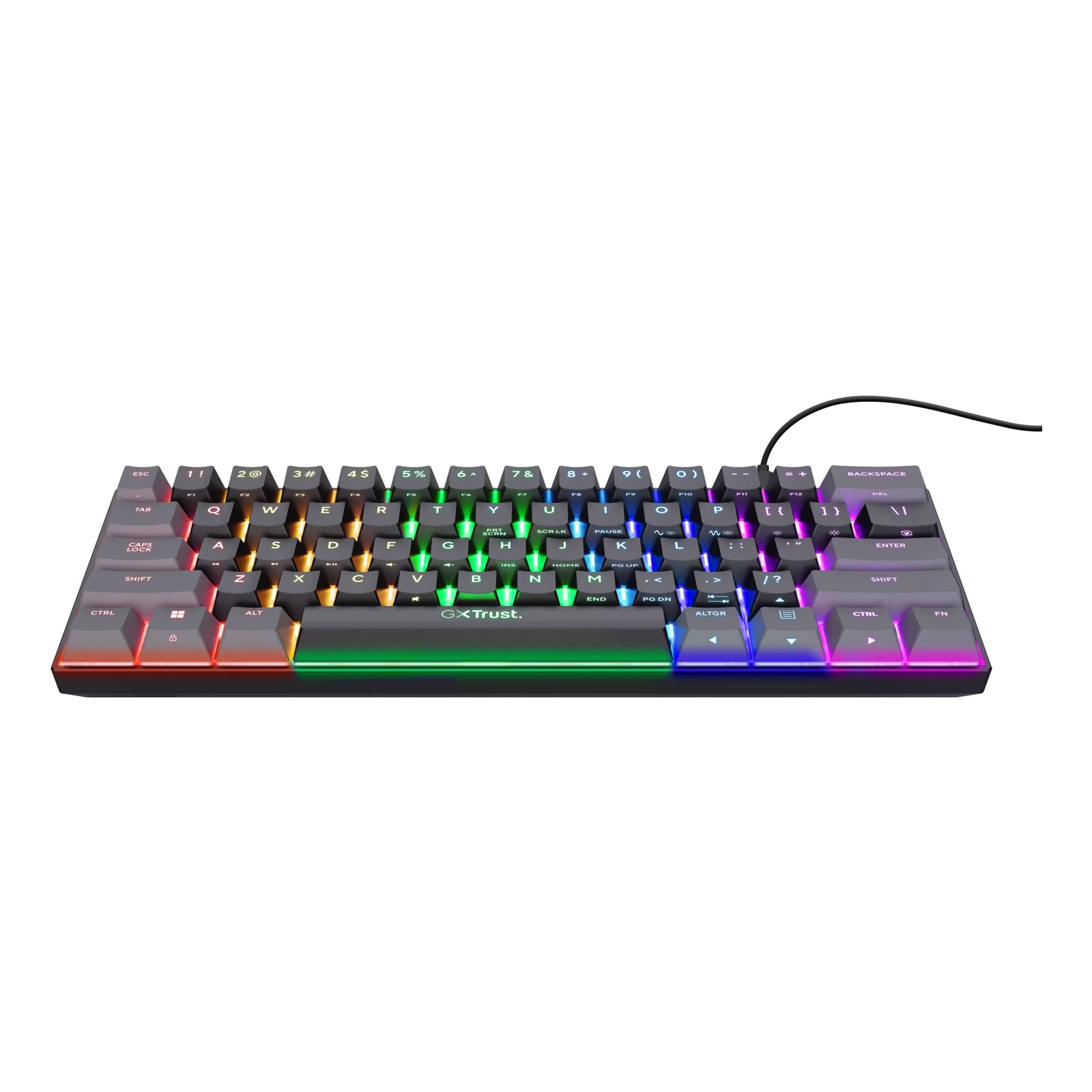 Vue de dessus, Trust GXT 867 Acira, disposition compacte 60 % AZERTY, rétroéclairage RGB actif
