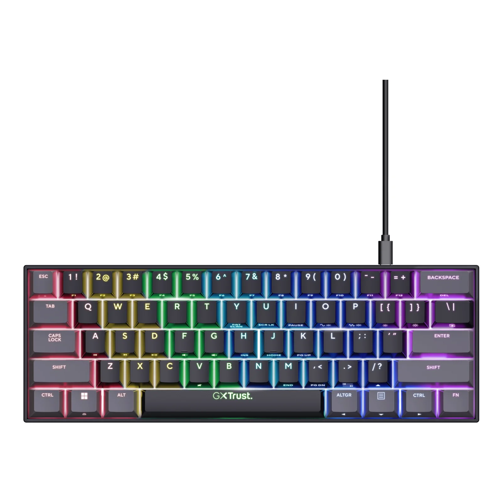 Vue frontale, clavier mécanique Trust GXT 867 Acira noir et gris, bandeau RGB multicolore en bas de boîtier