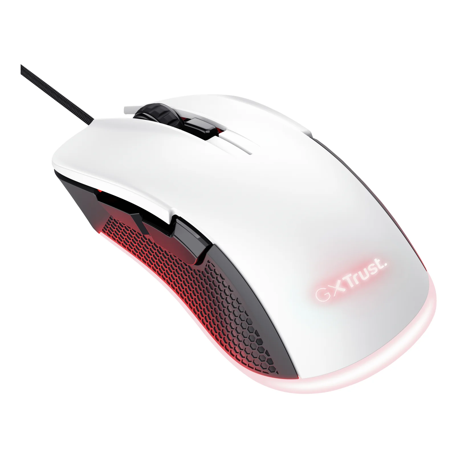 Vue de face, souris gaming Trust GXT 922 Ybar blanche avec éclairage rouge et logo Trust illuminé