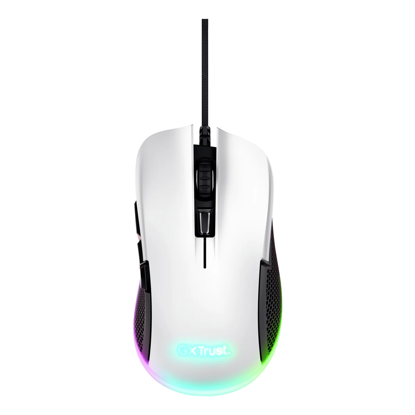Vue de dessus, souris Trust GXT 922 Ybar blanche avec éclairage RGB blanc, fond blanc