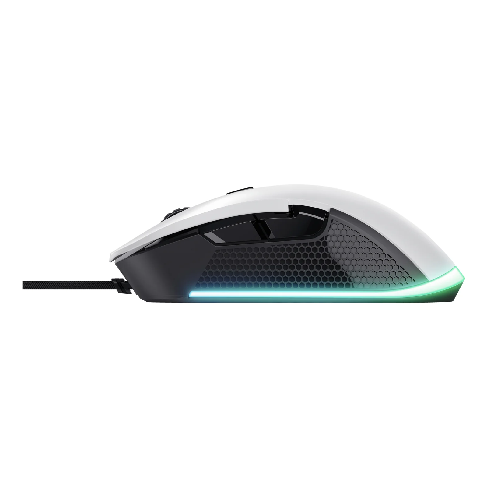 Vue profil gauche, souris gaming Trust GXT 922 Ybar blanche et noire avec câble USB