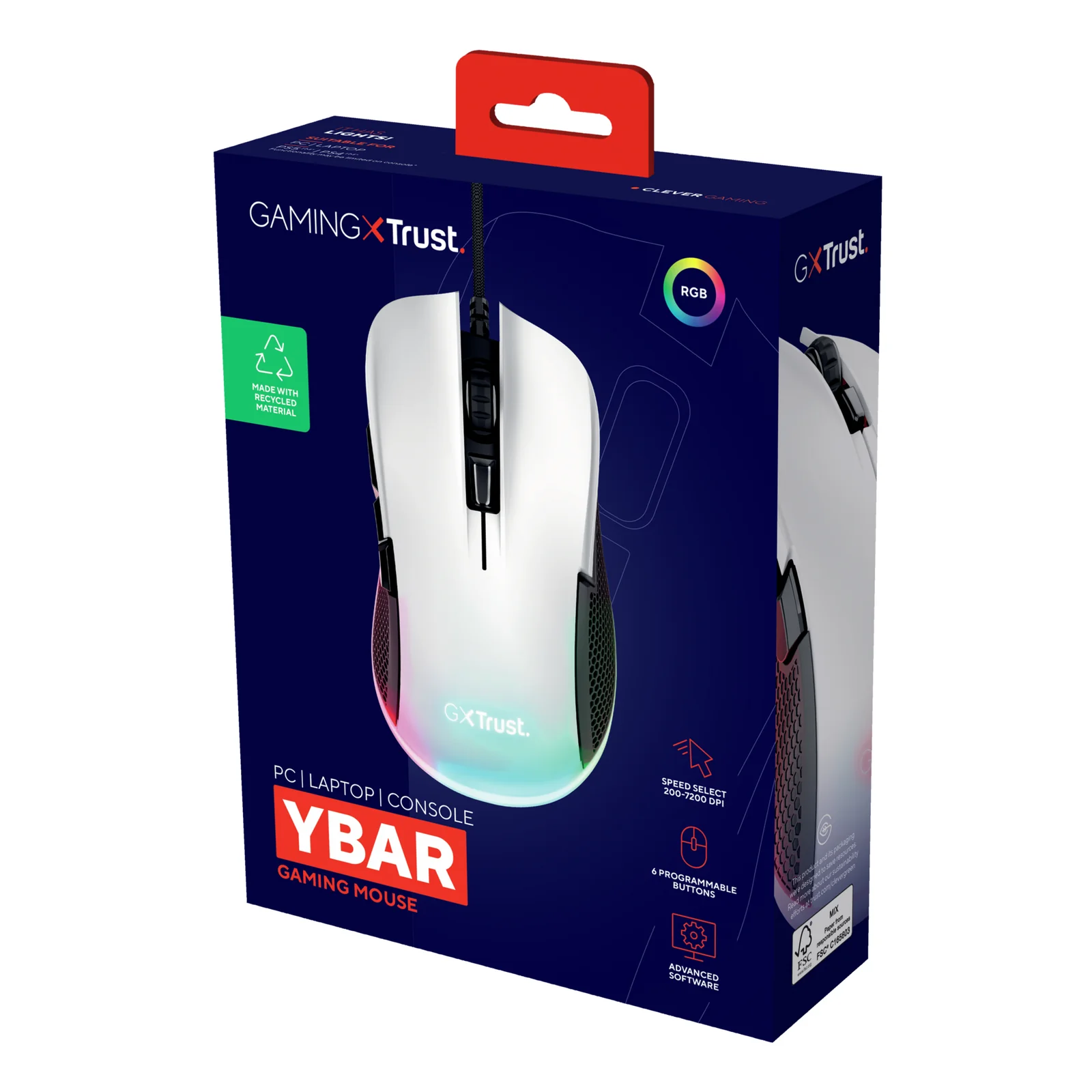 Boîte d'emballage Trust GXT 922 Ybar Gaming Mouse blanche, face avant avec indication RGB