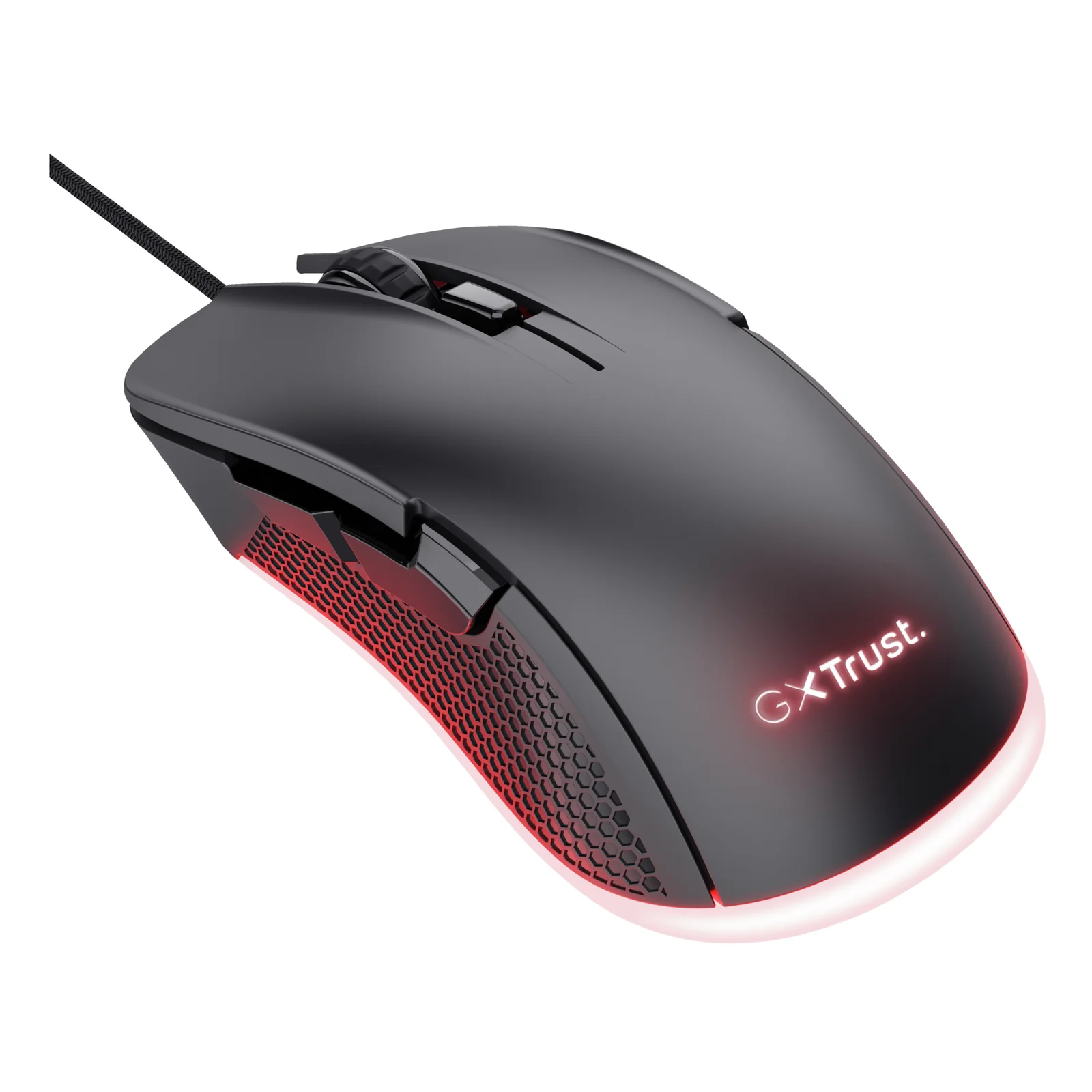 Vue 3/4 avant, souris gaming Trust GXT 922 YBAR noire éclairée en rouge, logo xTrust visible sur le flanc