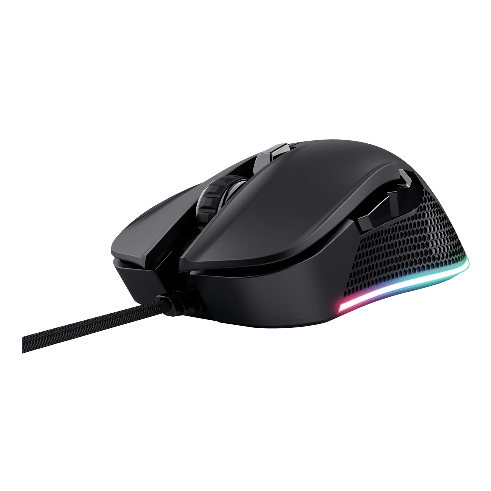 Vue arrière 3/4 gauche, souris gaming Trust GXT 922 YBAR noire avec éclairage RGB latéral