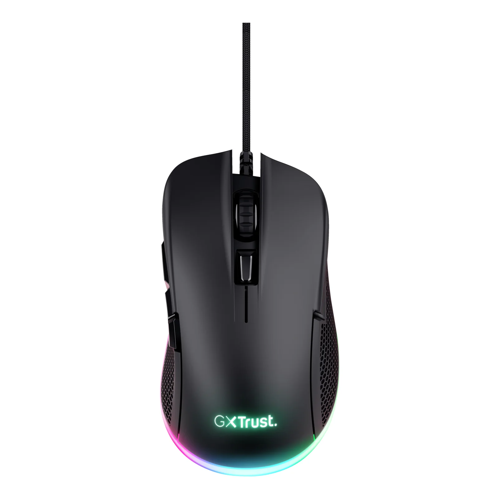 Vue de face, souris gaming Trust GXT 922 YBAR noire avec éclairage rouge activé, logo xTrust visible