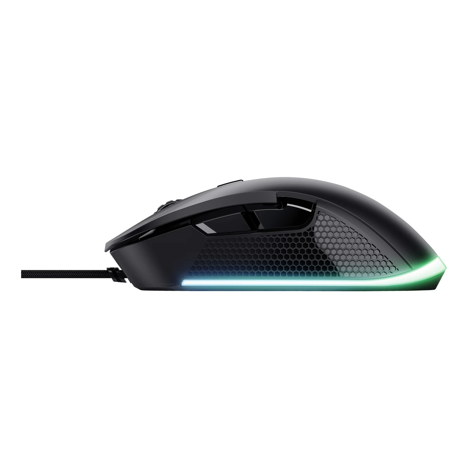 Vue de profil gauche, souris gaming Trust GXT 922 YBAR noire avec grille latérale et éclairage RGB