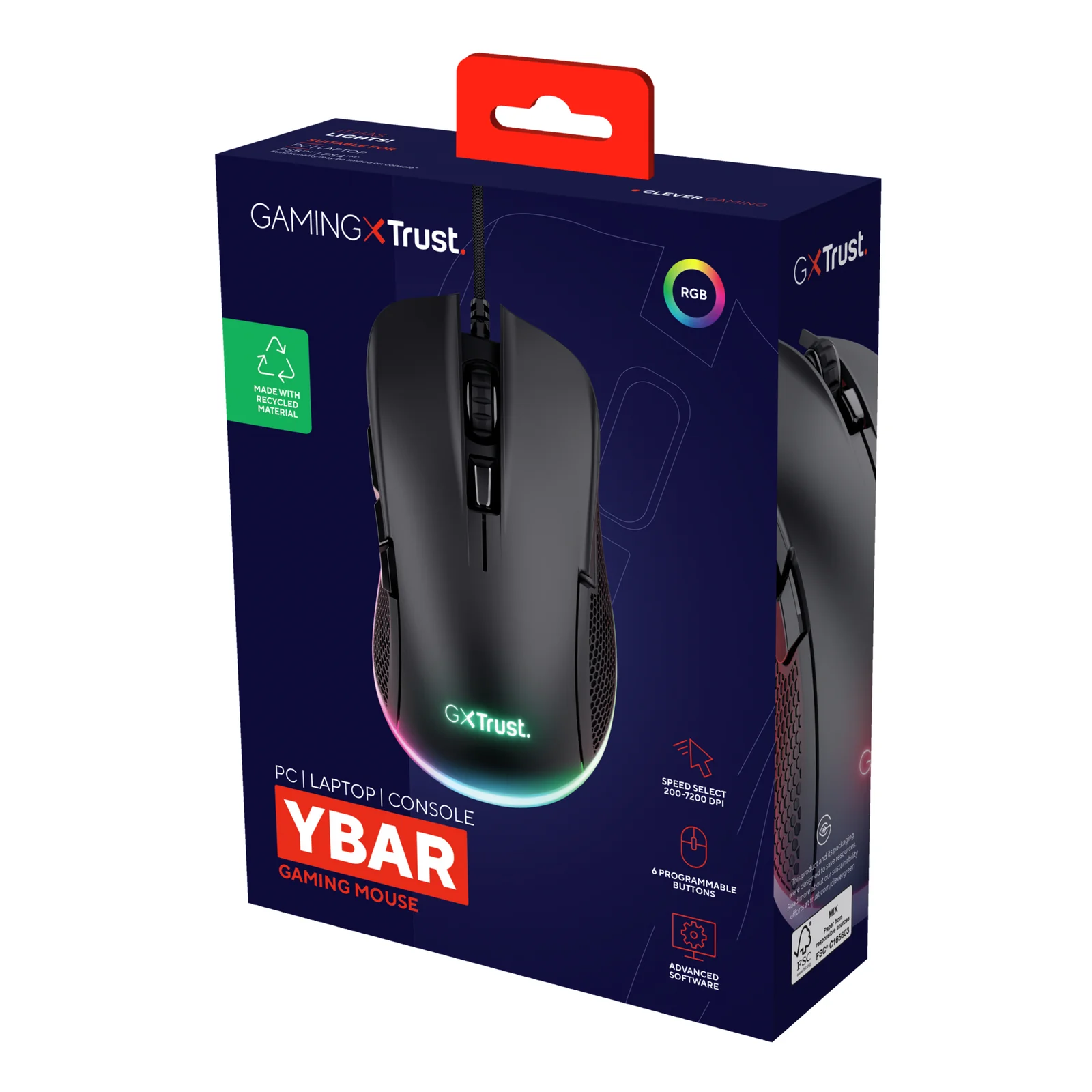 Boîte de packaging Trust GXT 922 YBAR Gaming, design noir et rouge avec visuel du produit
