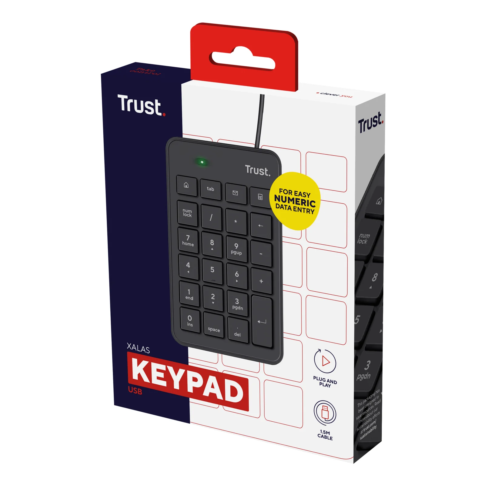 Boîte d'emballage Trust KEYPAD, face avant sur fond blanc